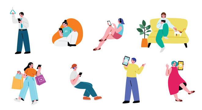 スマホを操作する人々のイラストセット
