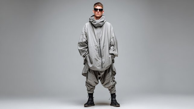 A young man wearing futuristic clothing and sunglasses stands confidently in a studio setting.