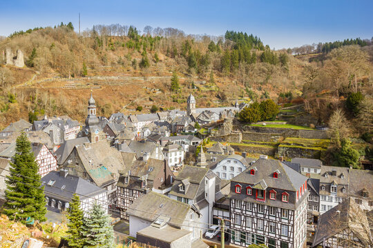 Aerial view over city canter and surrounding landscape of Monschau, Germany