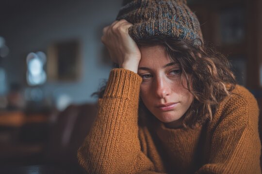 sad woman with winter depression sitting indoor