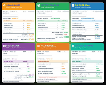 Solar Quote Templates &ndash; 6 Printable Solar Estimate Forms for Installation, Battery Storage, PPA, Lease, ROI & Savings, Editable Vector for Solar Sales