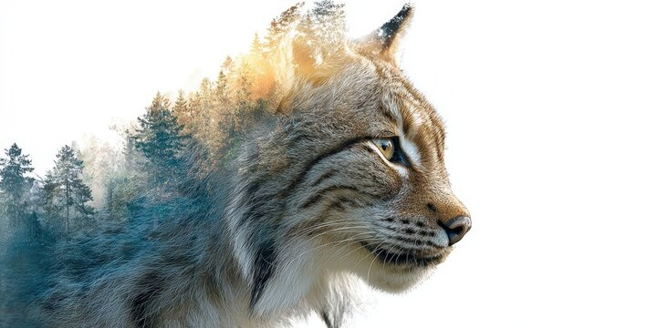 Majestic Lynx Watercolor Double-Exposure Artwork with Hidden Forest Wildlife