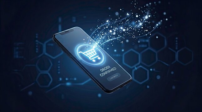 Online shopping order confirmed on a smartphone with glowing lines and a cart.