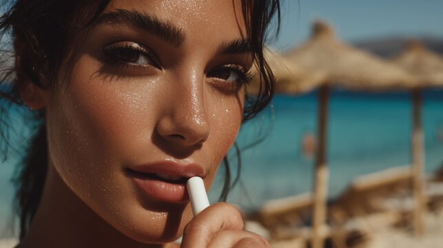 Close up of a beautiful young woman applying SPF lip balm on a sunny beach with turquoise water and straw umbrellas in the background