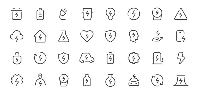 Energy and electricity line icons set. Battery, charging, power symbols