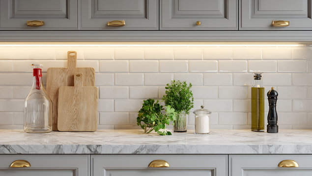 Modern Kitchen Countertop with Fresh Herbs and Cooking Essentials.
