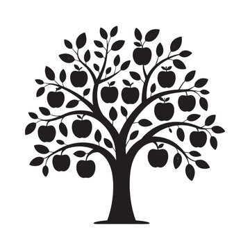 Apple tree silhouette with fruit black on white background
