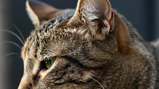 Close up of tabby cat face showing detailed fur texture and whisker with calm expression soft natural light and bright green eye with vertical pupil highlighting animal alert and curious expression