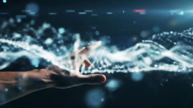 Strong masculine hand interacts with vibrant white waveform of luminous dots on dark digital background with blue particles. Cinematic light, bokeh. Concept of futuristic data manipulation