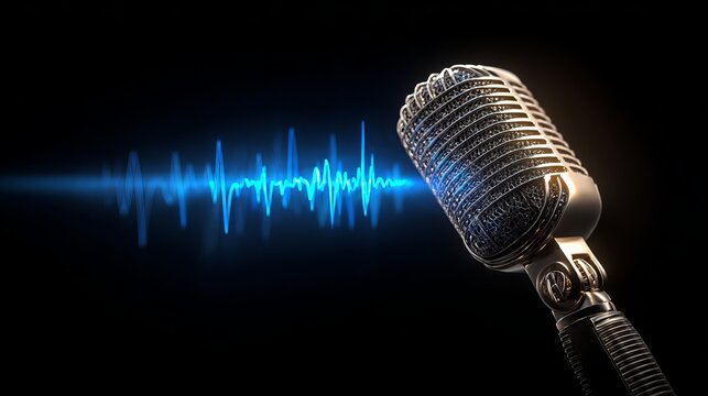 A vintage microphone with a blue sound wave on a black background