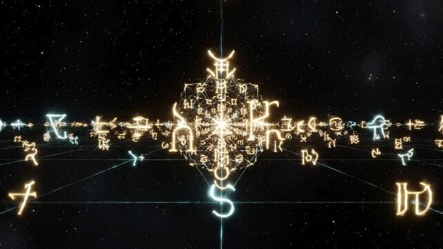 Zodiac signs and astrology symbols in space.