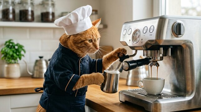Ginger cat chef wearing a toque and uniform standing at a coffee machine in a kitchen. Pet preparation of espresso drink. Funny animal barista roleplay concept for home cafe scene.