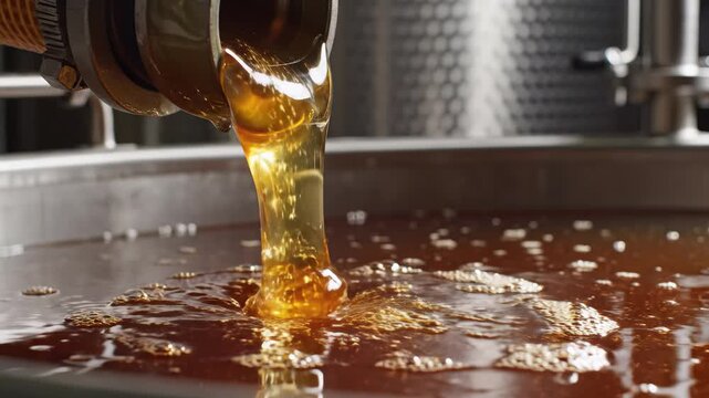 Rich golden liquid flows smoothly from an antique tap, filling a shiny metal vat. The scene reflects the masterful brewing process, where tradition meets artistry in every drop.