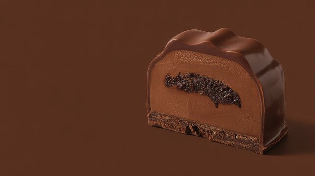 Cross section of a chocolate truffle with dark textured filling on brown background