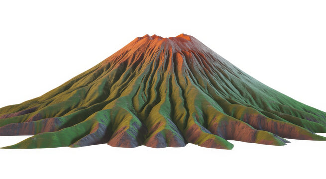 Conical volcano mountain with colorful eroded slopes isolated on a white background