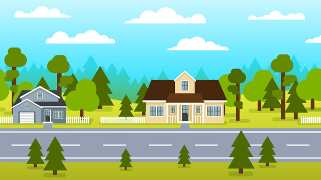 Suburban street with houses, road, trees, and forest background in flat style. Vector illustration