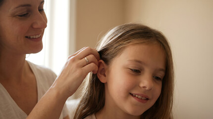Naklejka premium Mother gently combs daughter's hair while smiling in a softly lit room, showcasing a nurturing moment between them, with a warm and inviting atmosphere