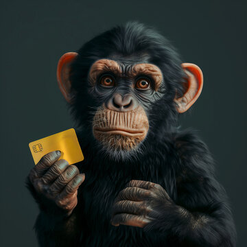 primer plano de mono gracioso con tarjeta de cr&eacute;dito bancaria en la mano