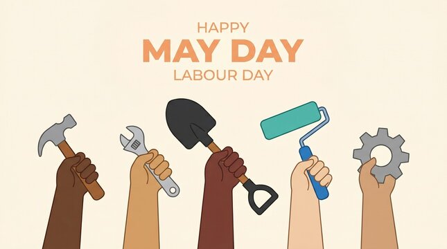 Diverse hands holding labor tools celebrating may day and labour day with a beige background