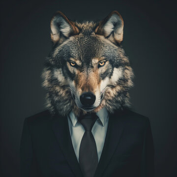 primer plano de lobo, con chaqueta de traje negra, camisa blanca y corbata