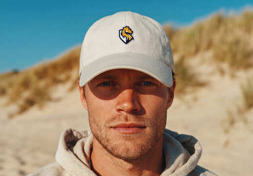 Man at the Beach Wearing a Cap with Embroidered Logo Mockup