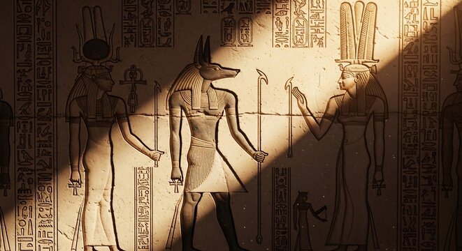 Anubis and pharaoh ancient egyptian hieroglyphic temple wall