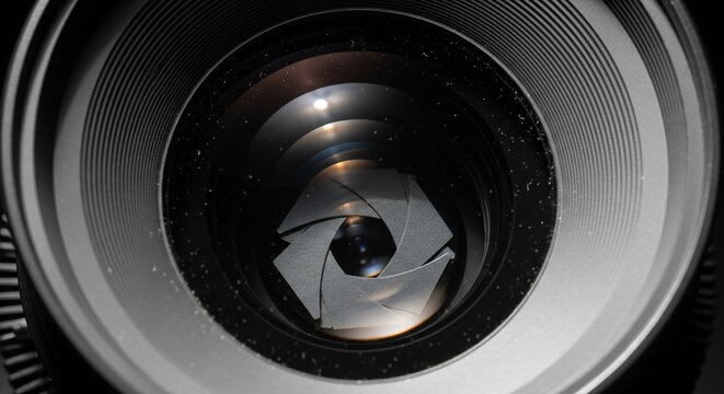 Close-up of a camera lens with aperture blades
