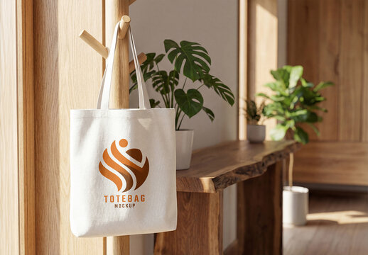 Tote Bag Hanging in Clean Wooden Interior Mockup
