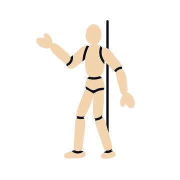 Wooden mannequin model for anatomy study and drawing, art education. Wood figure, dummy with joints, standing in pose. Human body reference. Flat vector illustration isolated on white background