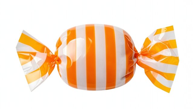 Candy wrapped in orange and white striped plastic sits isolated against a clean white background.