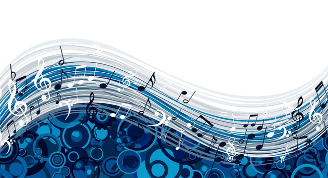 Abstract musical wave pattern with blue circles and flowing notes, symbolizing creativity and harmony in sound