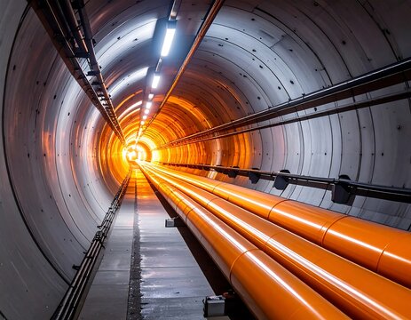 An eye-level perspective inside a tunnel of concrete, lit with warm light towards the distant vanishing point. Orange pipes run its length