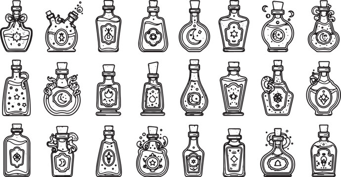 collection of magic potion bottles with cork stoppers vector illustration