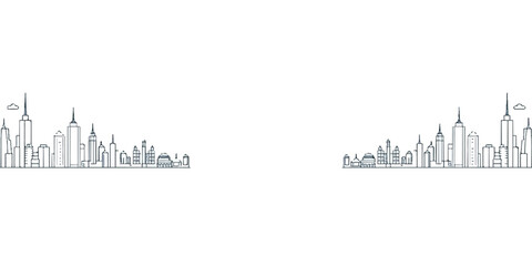 Fototapeta premium Vector illustration of an abstract city landscape featuring a black silhouette skyline with urban buildings and trees under a minimalist sky