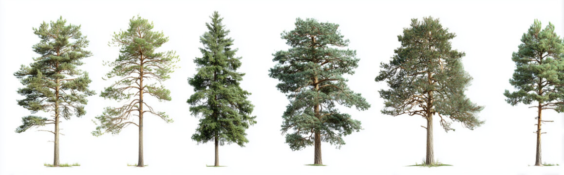 Isolated Pine Trees and Conifer Specimens on White Background Panorama for Design Use