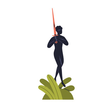 Man silhouette walking with sword. Power, strength, courage and protection symbol. Defense and security concept. Abstract warrior figure. Flat vector illustration isolated on white background