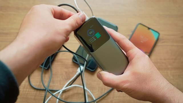 Disconnecting cables from power bank one by one stopping charge to multiple smartphones. Removing connections sequentially while battery indicator remaining active on screen. Ending multi device