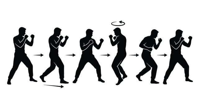 Silhouette of a boxer performing a pivot movement, showing the stepbystep progression of the footwork and body rotation for a boxing technique
