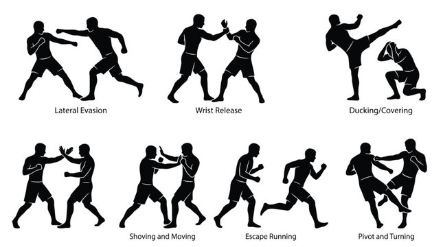 Set of selfdefense techniques silhouettes, including lateral evasion, wrist release, ducking, covering, shoving, moving, escape running, pivot and turning