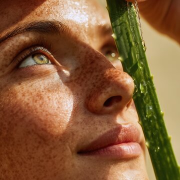 Close‑up of freckled face with water drops and aloe leaf, natural light highlighting fresh hydrated skin and organic beauty