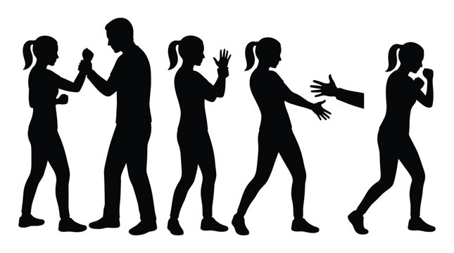 Set of silhouettes of a woman practicing selfdefense techniques against an attacker