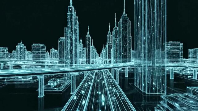 Futuristic cityscape with blue digital outline.