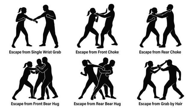 Set of self defense techniques for women, vector illustration