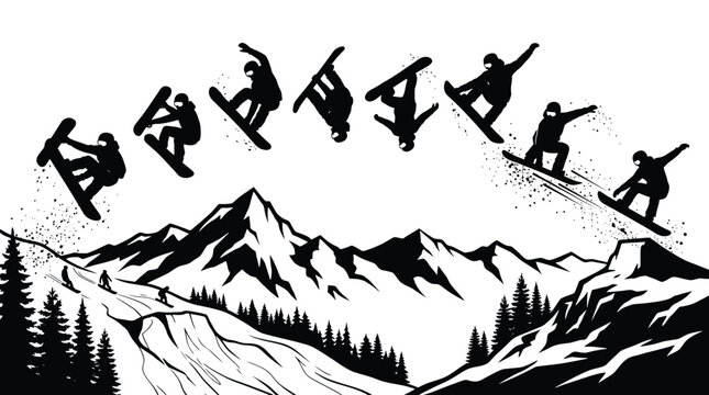 Snowboarder performing a trick jump over a mountain landscape, vector illustration of extreme winter sports, snowboarder silhouette in the air