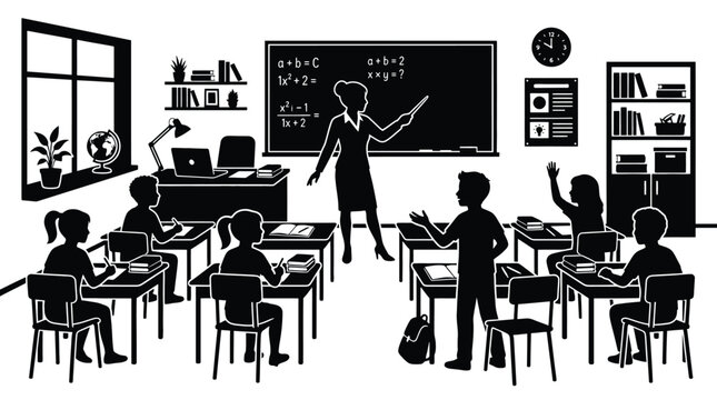 Classroom scene with a teacher explaining a math lesson to students, silhouette illustration of a school setting with desks, chalkboard, and educational materials
