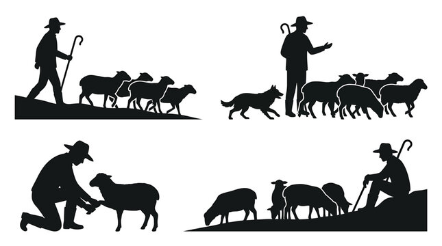 Set of silhouettes of a shepherd with sheep and a sheepdog, pastoral scenes of a farmer tending to his flock, vector illustration