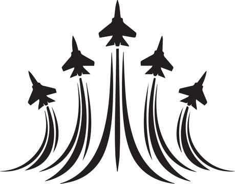Five fighter jets flying upward in formation with smoke trails Vector