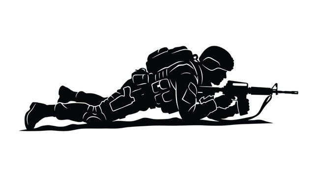 Silhouette of a soldier in a prone position aiming a rifle, tactical military gear, combat soldier lying on the ground, special forces operator, vector illustration