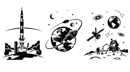 Set of space exploration icons, rocket launch, spacecraft orbiting earth, astronaut on the moon surface, galaxy and stars, vector illustration © Essential Design Lab