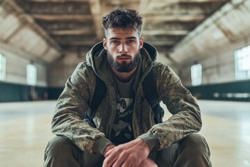 Fototapeta premium Portrait of a stylish young man with a beard sitting in an industrial interior with brick walls